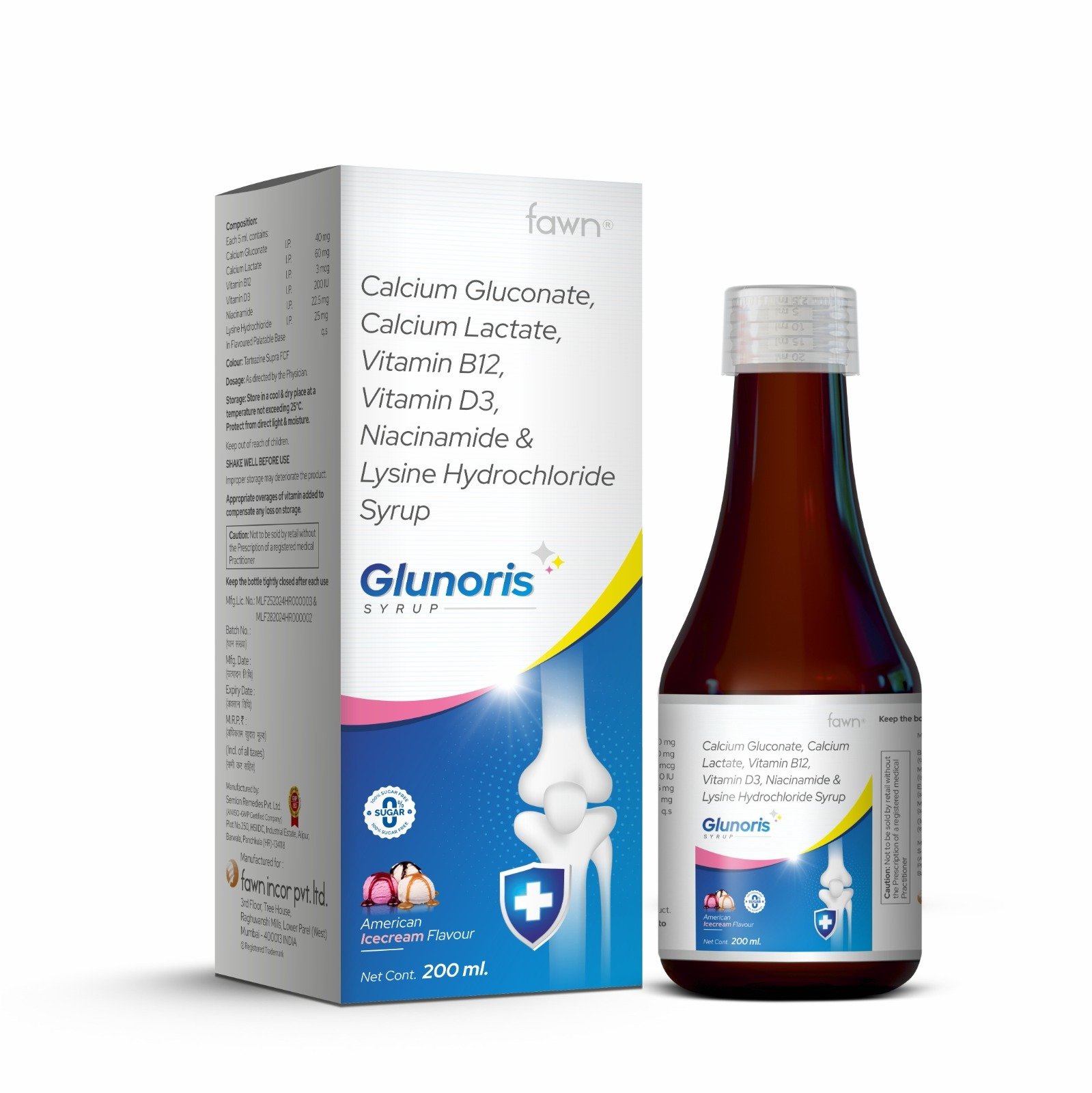 Calcium Gluconate, Calcium Lactate, Vitamin B12, Vitamin D3, Niacinamide & Lysine Hydrochloride Syrup - GLUNORIS Syrup - image 2
