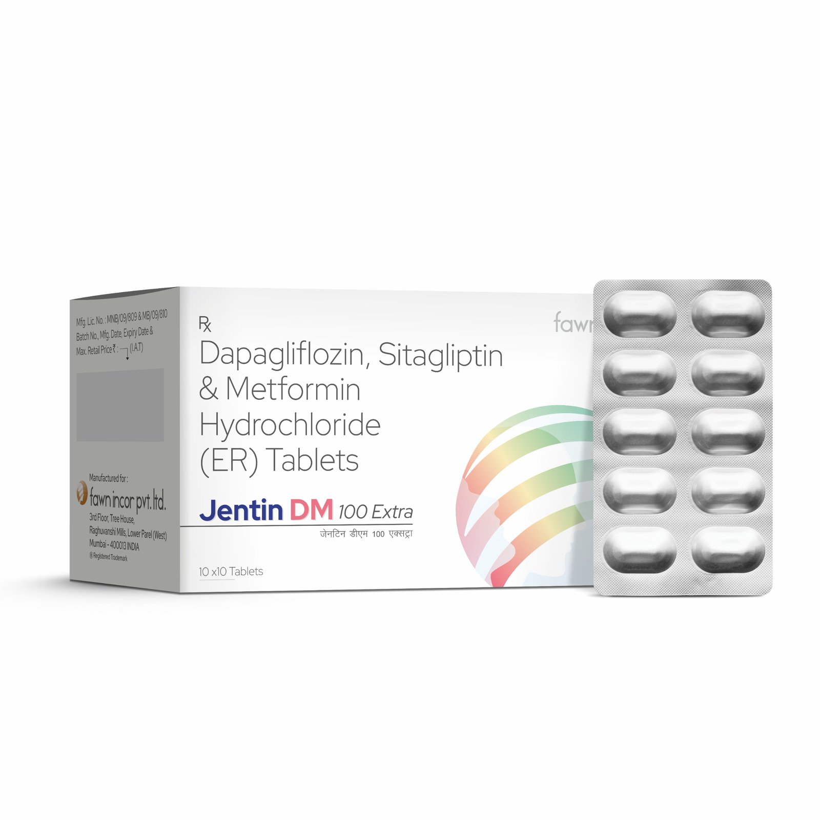 Sitagliptin 100 Mg + Dapagliflozin 10 Mg + Metformin 1000 Mg Tablets - JENTIN DM 100 EXTRA - image 2