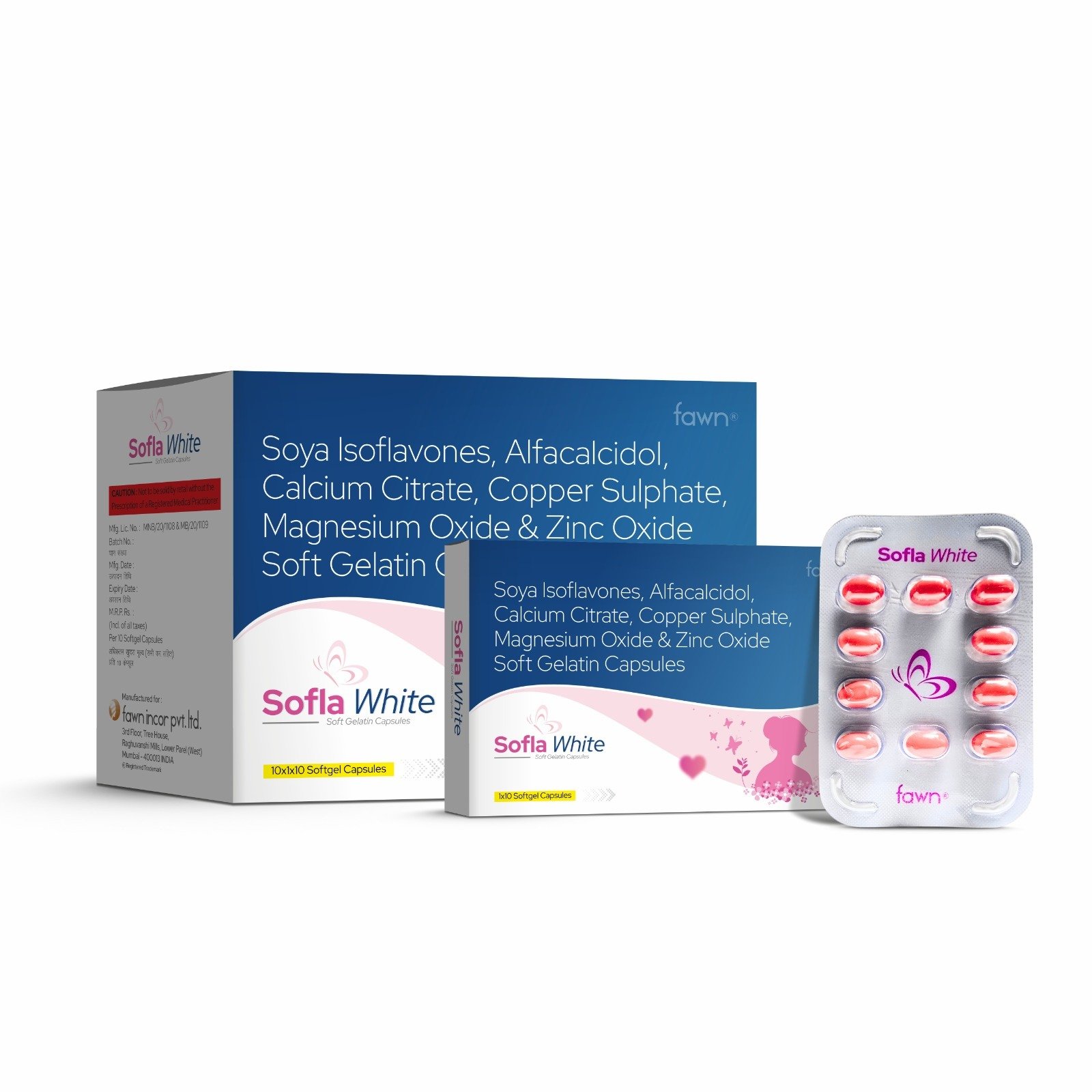 Soya Isoflavones, Alfacalcidol, Calcium Citrate, Copper Sulphate, Magnesium Oxide & Zinc Oxide Softgel Capsules - SOFLA WHITE