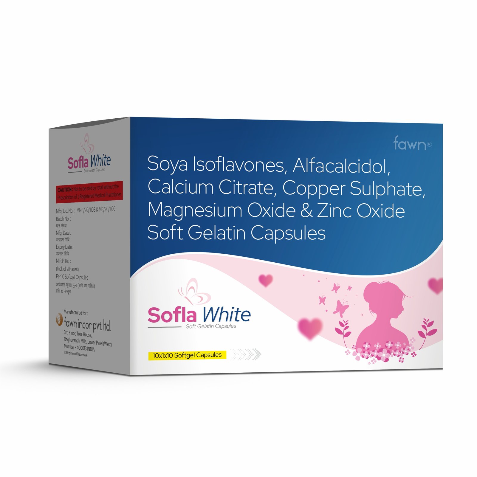 Soya Isoflavones, Alfacalcidol, Calcium Citrate, Copper Sulphate, Magnesium Oxide & Zinc Oxide Softgel Capsules - SOFLA WHITE