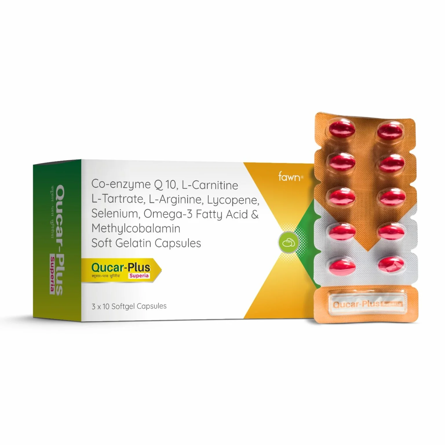 Co-enzyme Q 10, L - CARNITINE L - TARTRATE, L-arginine, Lycopene, Selenium, Omega 3 Fatty Acid & Methylcobalamin soft gelatin capsules - QUCAR PLUS SUPERIA