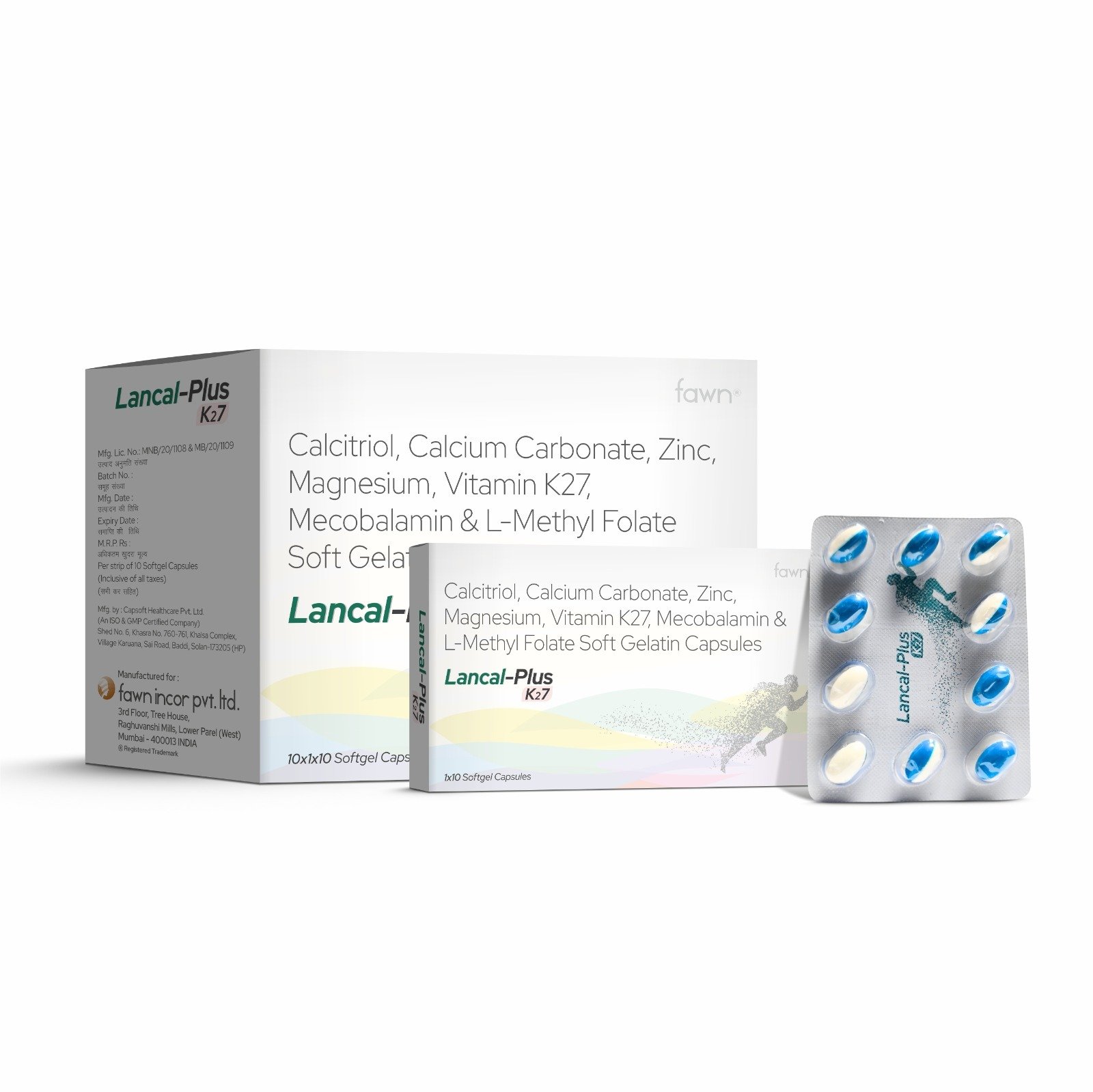 Calcitriol, Calcium Carbonate, Zinc, Magnesium, Vitamin K2-7, Methylcobalamin & L-Methyl Folate Softgel Capsules - LANCAL PLUS K2-7