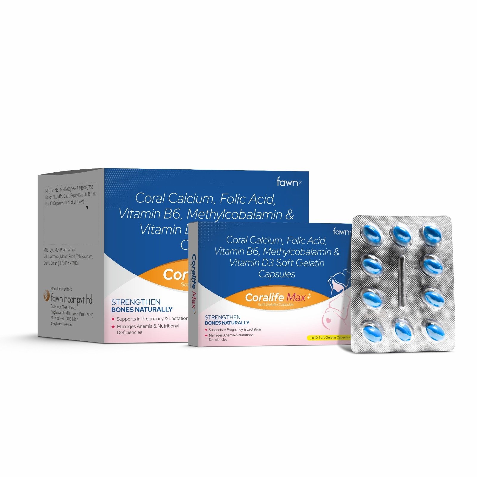 Coral Calcium, Folic Acid, Vitamin B6, Methylcobalamin & Vitamin D6 Soft Gelatin Capsules - CORALIFE MAX