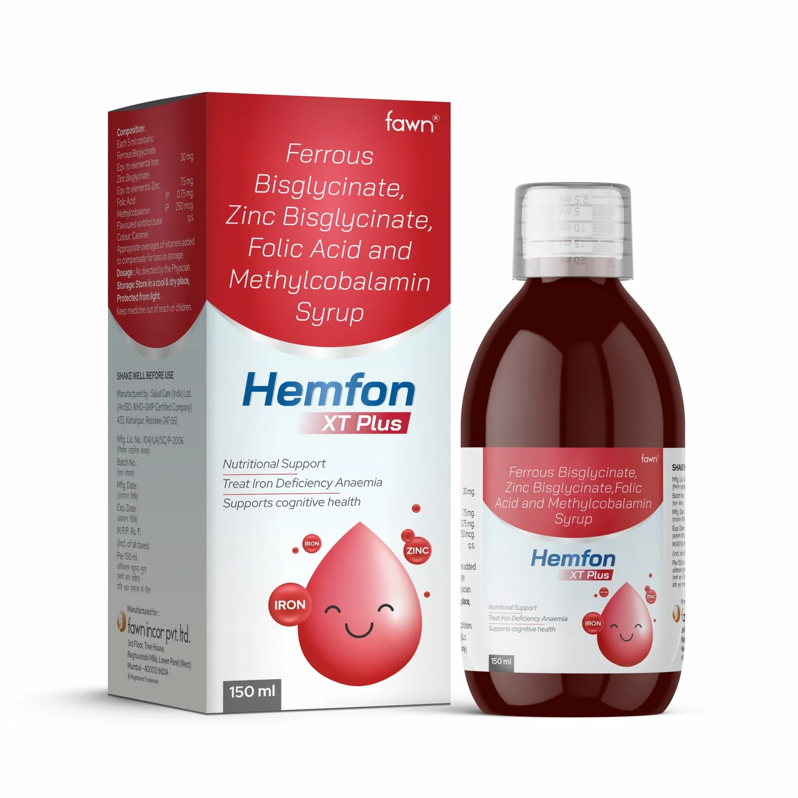 Ferrous Bisglycinate, Zinc Bisglycinate, Folic Acid & Methylcobalamin Syrup -HEMFON XT PLUS