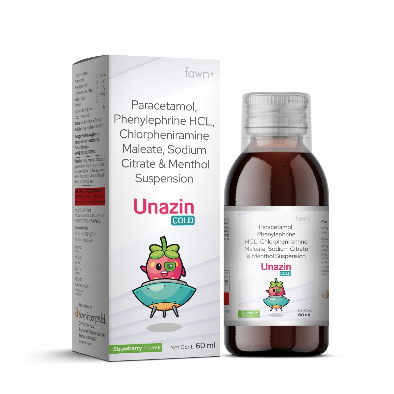 Paracetamol, Phenylephrine Hydrochloride, Chlorpheniramine Maleate, Sodium Citrate & Menthol Suspension - UNAZIN COLD Suspension