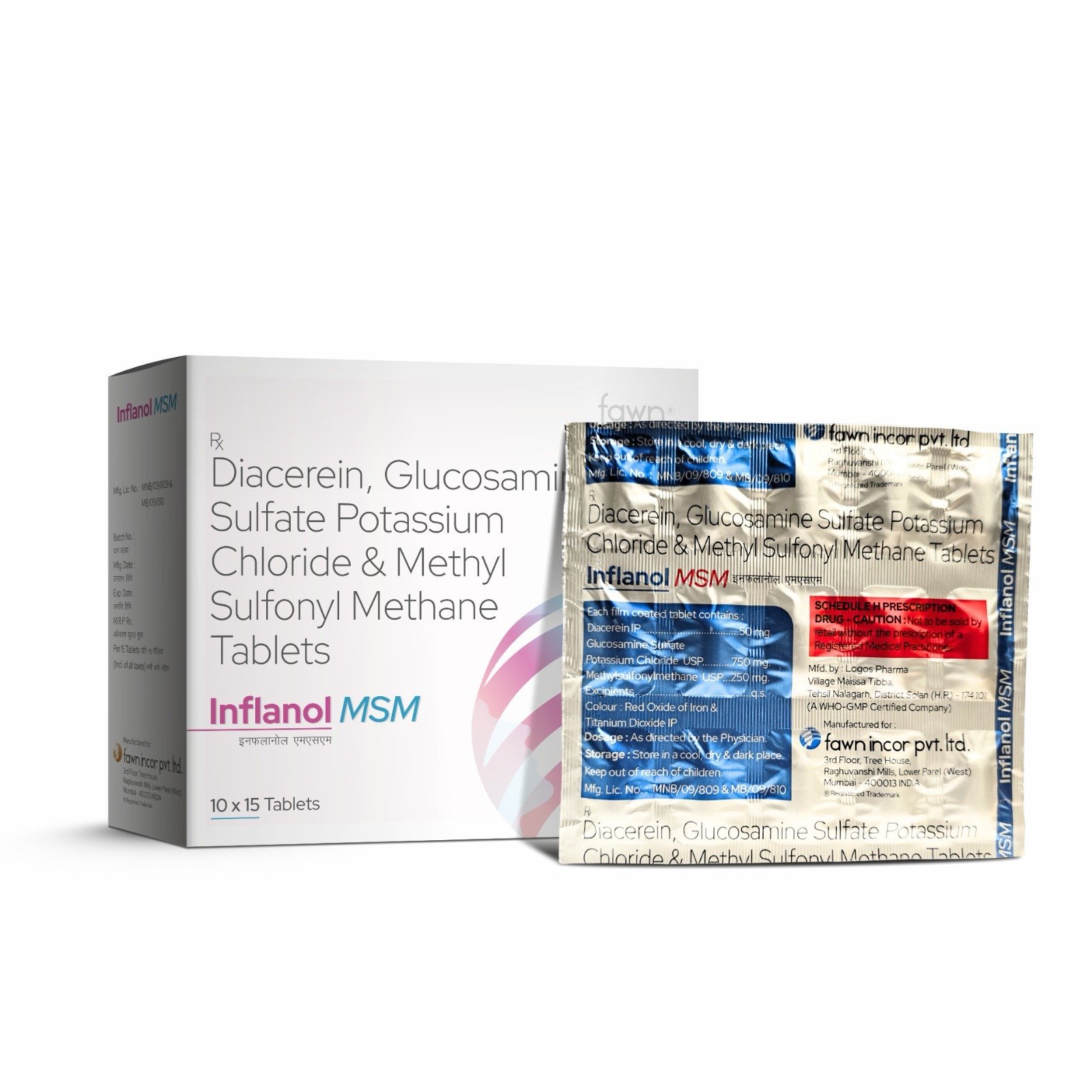 Diacerein, Glucosamine Sulphate Potassium Chloride & Methylsulfonylmethane Tablets - INFLANOL MSM