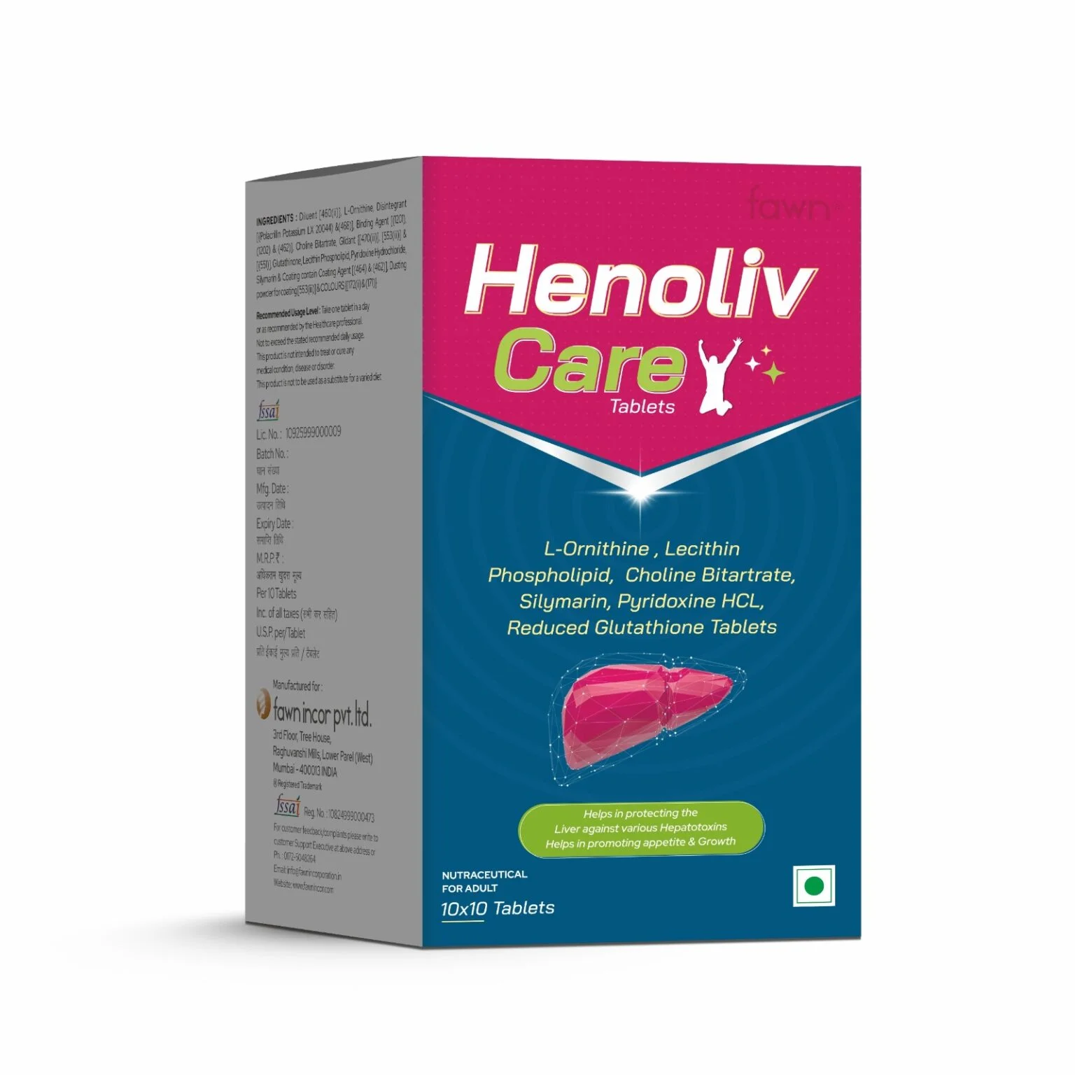 L-Ornithine Lecithin Phospholipid Choline Bitartrate Silymarin Pyridoxine HCl Reduced Glutathione Tablets - HENOLIV CARE