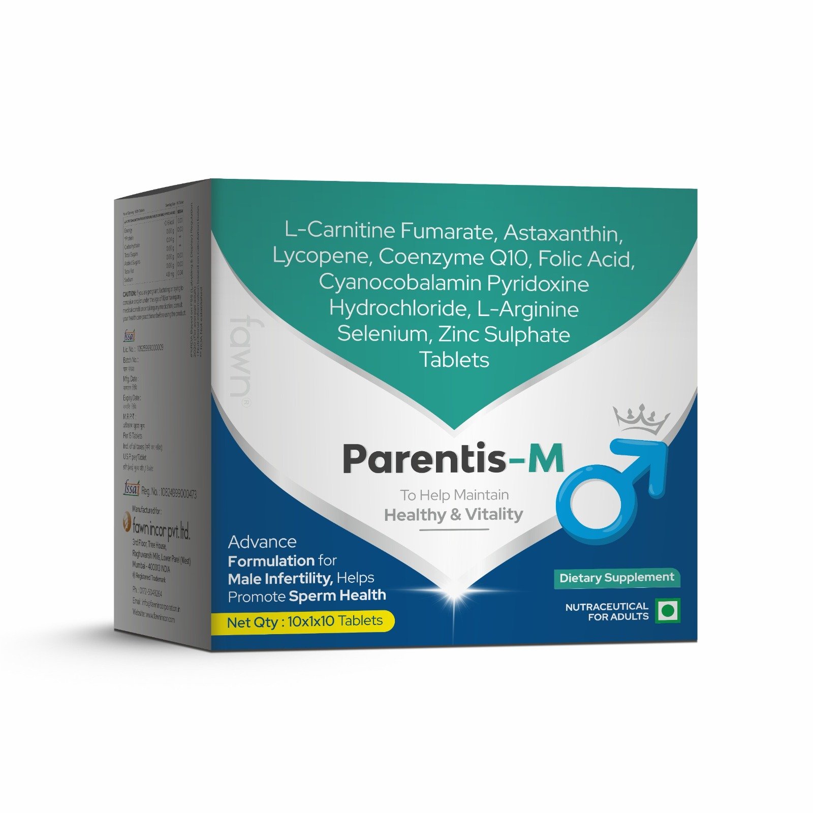 L-Carnitine Fumarate, Astaxanthin, Lycopene, Coenzyme Q10, Folic Acid, B12, B6, L-Arginine, Selenium & Zinc Tablets -PARENTIS-M Tablets
