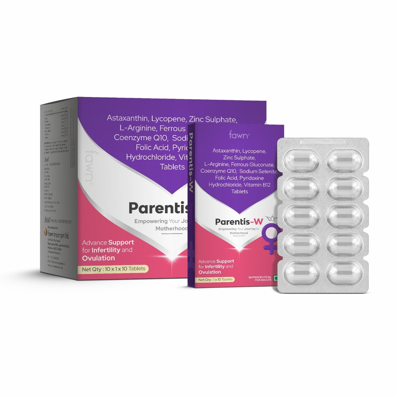 Astaxanthin, Lycopene, Zinc, L-Arginine, Ferrous Gluconate, CoQ10, Selenium, Folic Acid, B6 & B12 Tablets - PARENTIS-W