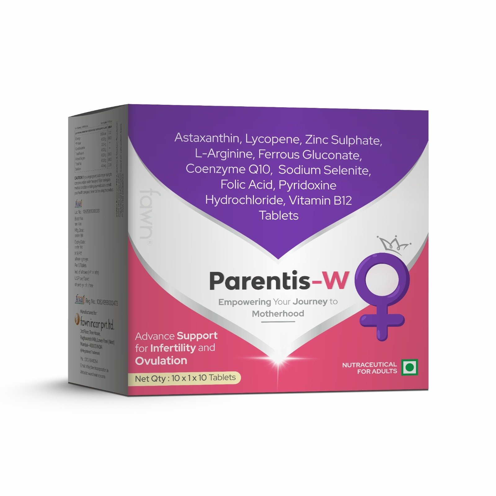 Astaxanthin, Lycopene, Zinc, L-Arginine, Ferrous Gluconate, CoQ10, Selenium, Folic Acid, B6 & B12 Tablets - PARENTIS-W