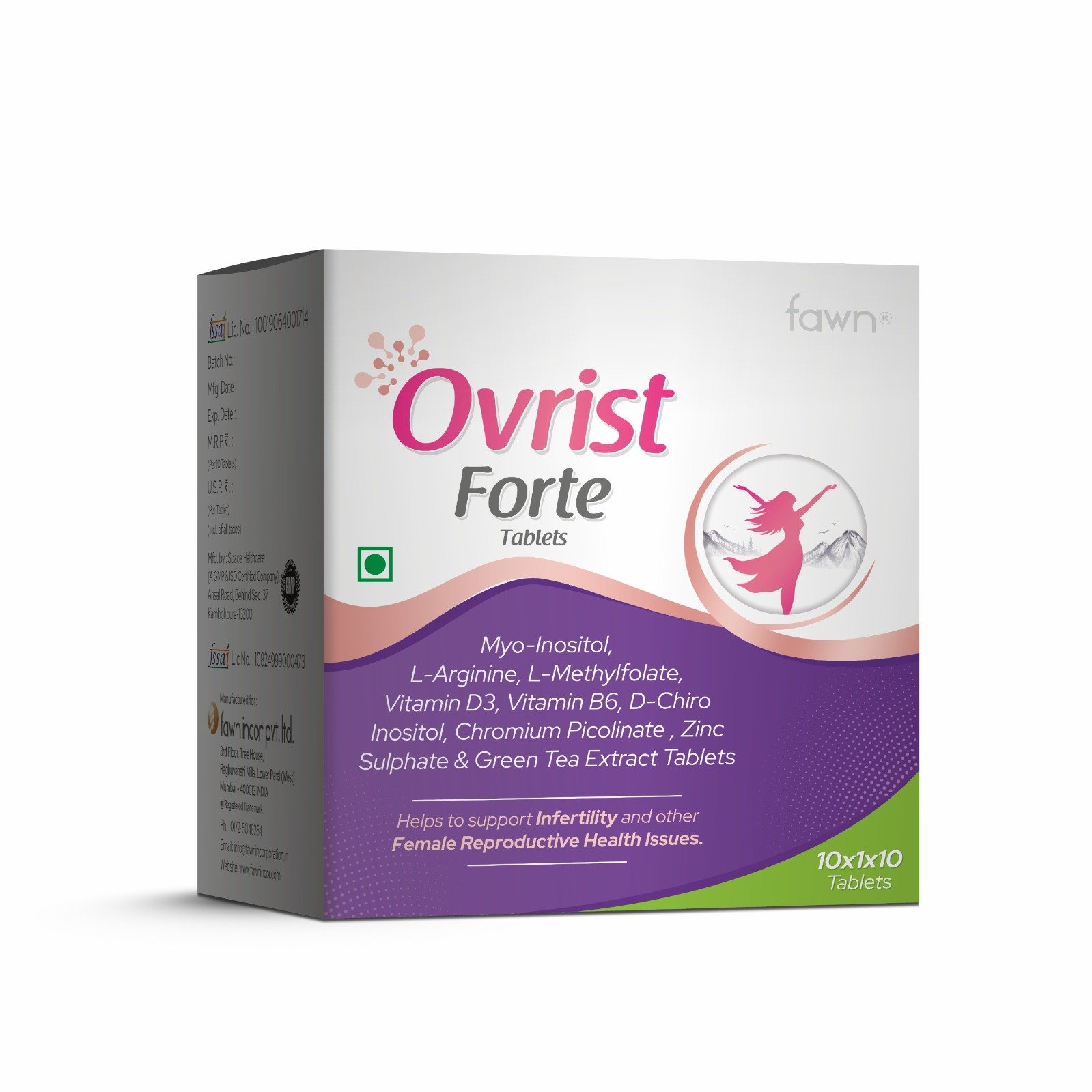 Myo-Inositol, L-Arginine, L-Methylfolate, Vitamin D3, Vitamin B6, D-Chiro Inositol, Chromium Picolinate, Zinc Sulphate & Green Tea Extract Tablets - OVRIST FORTE Tablets
