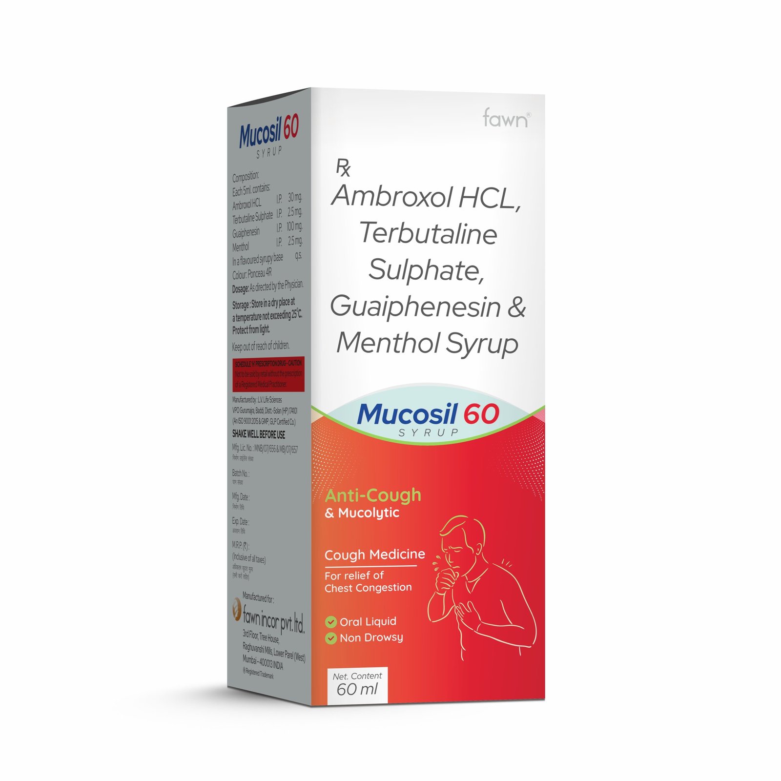 Ambroxol, Terbutaline, Guaiphenesin & Menthol Syrup - MUCOSIL 60 - Fawn Incor