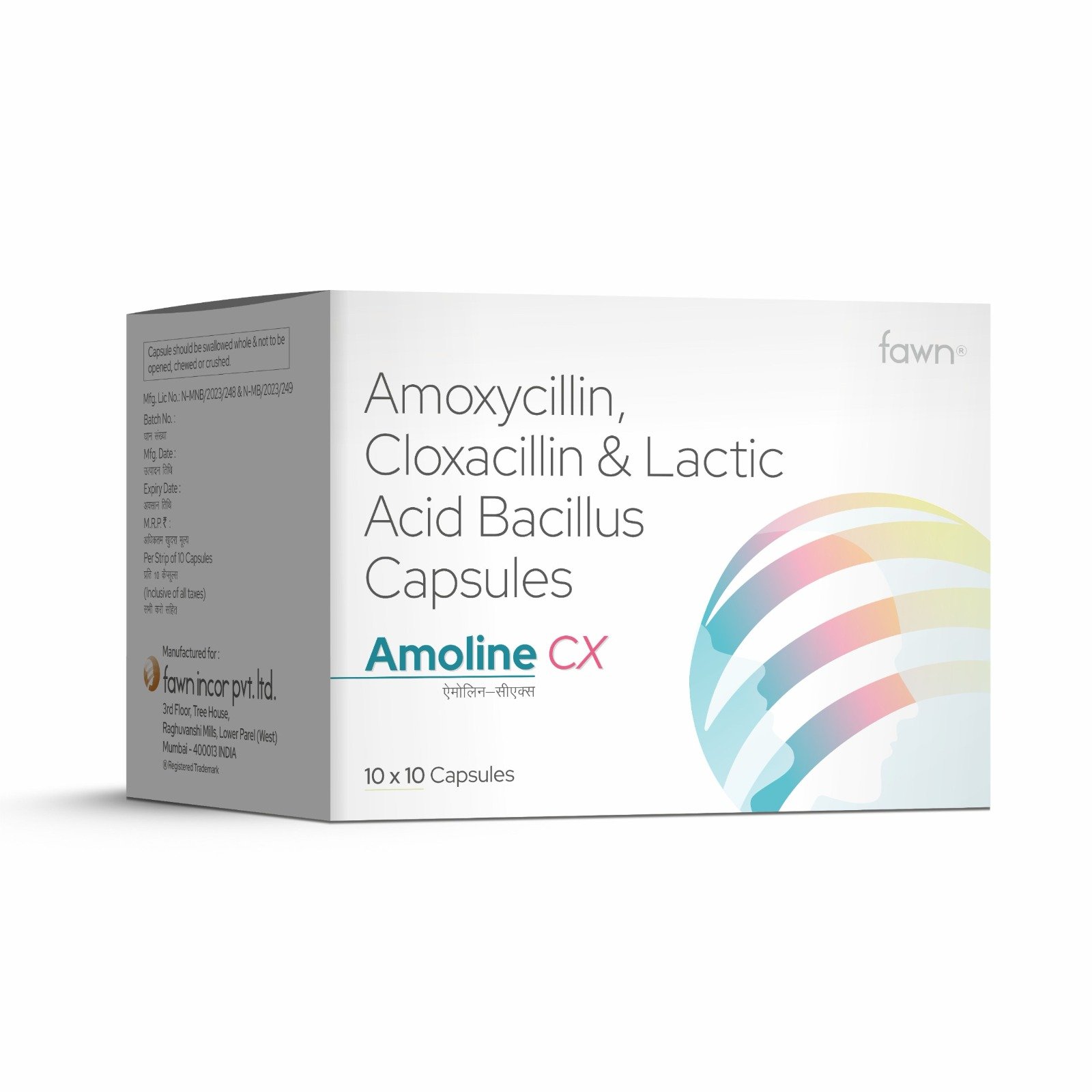 Amoxycillin, Cloxacillin & Lactobacillus Capsules - AMOLINE CX - Fawn Incor
