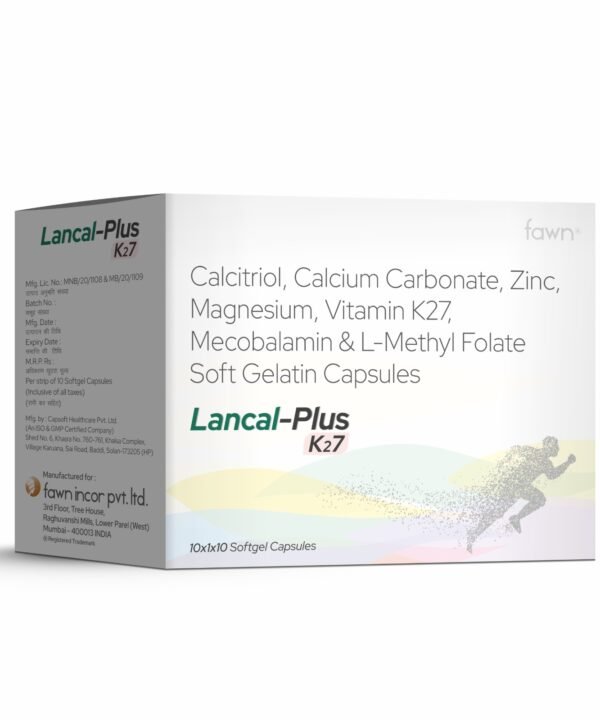 Calcitriol, Calcium Carbonate, Zinc, Magnesium, Vitamin K2-7, Methylcobalamin & L-Methyl Folate Softgel Capsules - LANCAL PLUS K2-7 - Fawn Incor