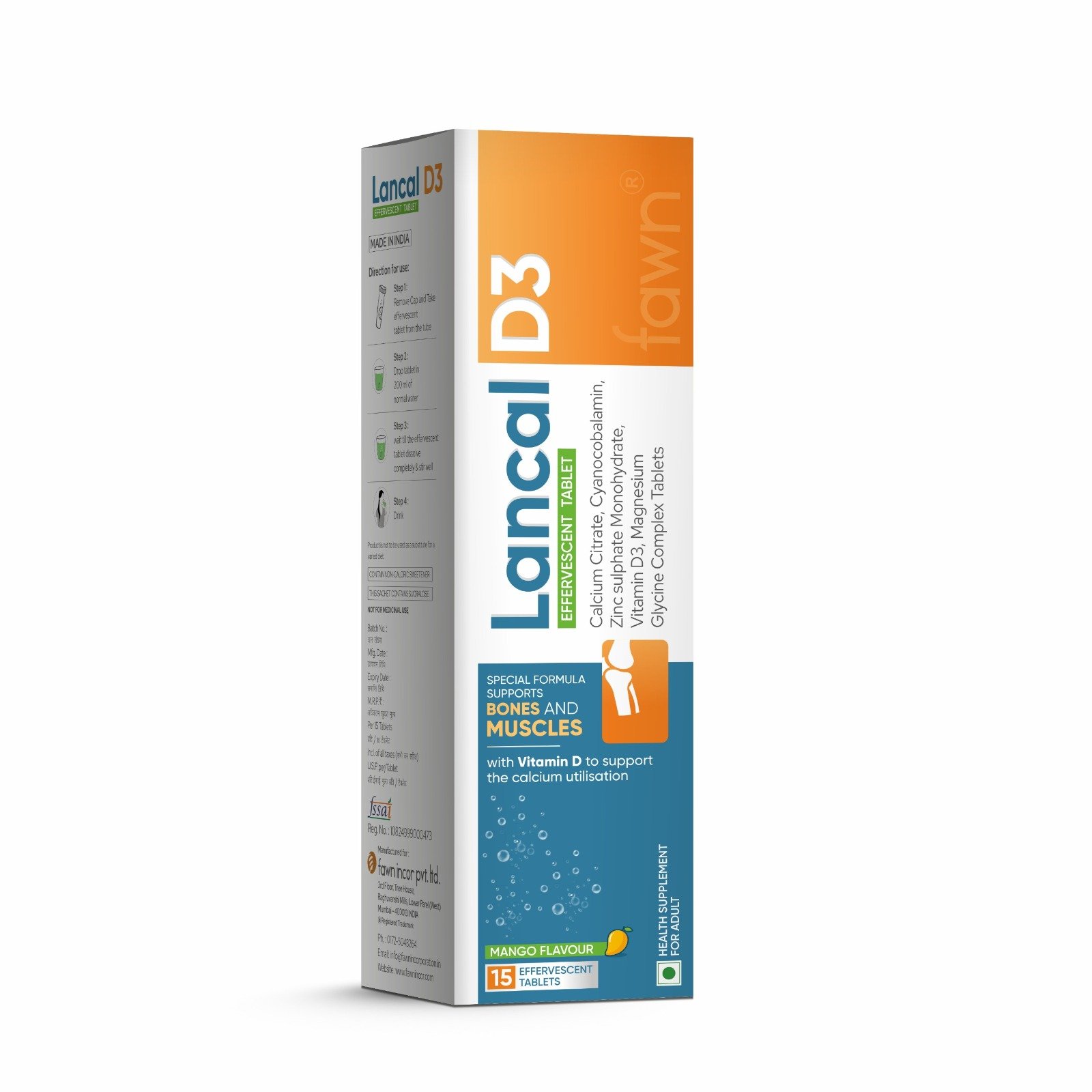 Calcium + Vitamin D3 + Magnesium Effervescent Tablets ( Mango Flavour ) - LANCAL D3 Effervescent Tablets