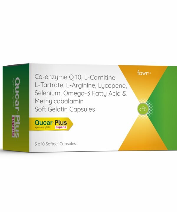 Co-enzyme Q 10, L - CARNITINE L - TARTRATE, L-arginine, Lycopene, Selenium, Omega 3 Fatty Acid & Methylcobalamin soft gelatin capsules - QUCAR PLUS SUPERIA