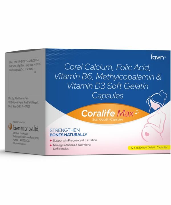 Coral Calcium, Folic Acid, Vitamin B6, Methylcobalamin & Vitamin D6 Soft Gelatin Capsules - CORALIFE MAX - Fawn Incor