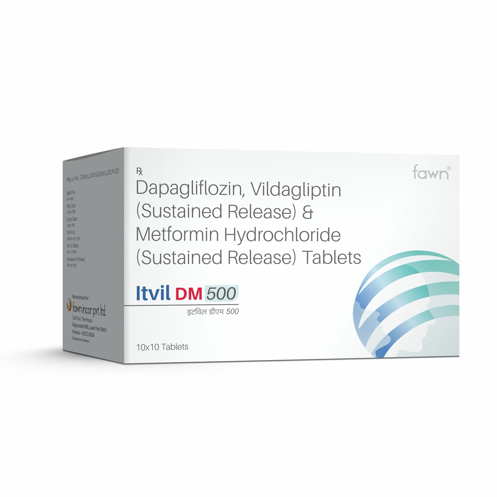 Dapagliflozin, Vildagliptin (Sustained Release) & Metformin Hydrochloride (SR) Tablets - ITVIL DM 500 - Fawn Incor