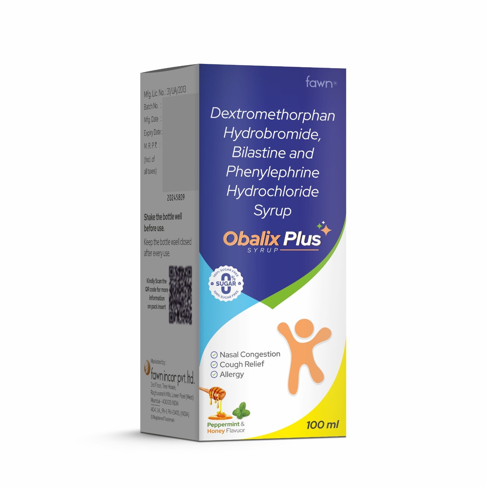 Dextromethorphan Hydrobromide, Bilastine & Phenylephrine Hydrochloride Syrup - OBALIX PLUS Syrup - Fawn Incor