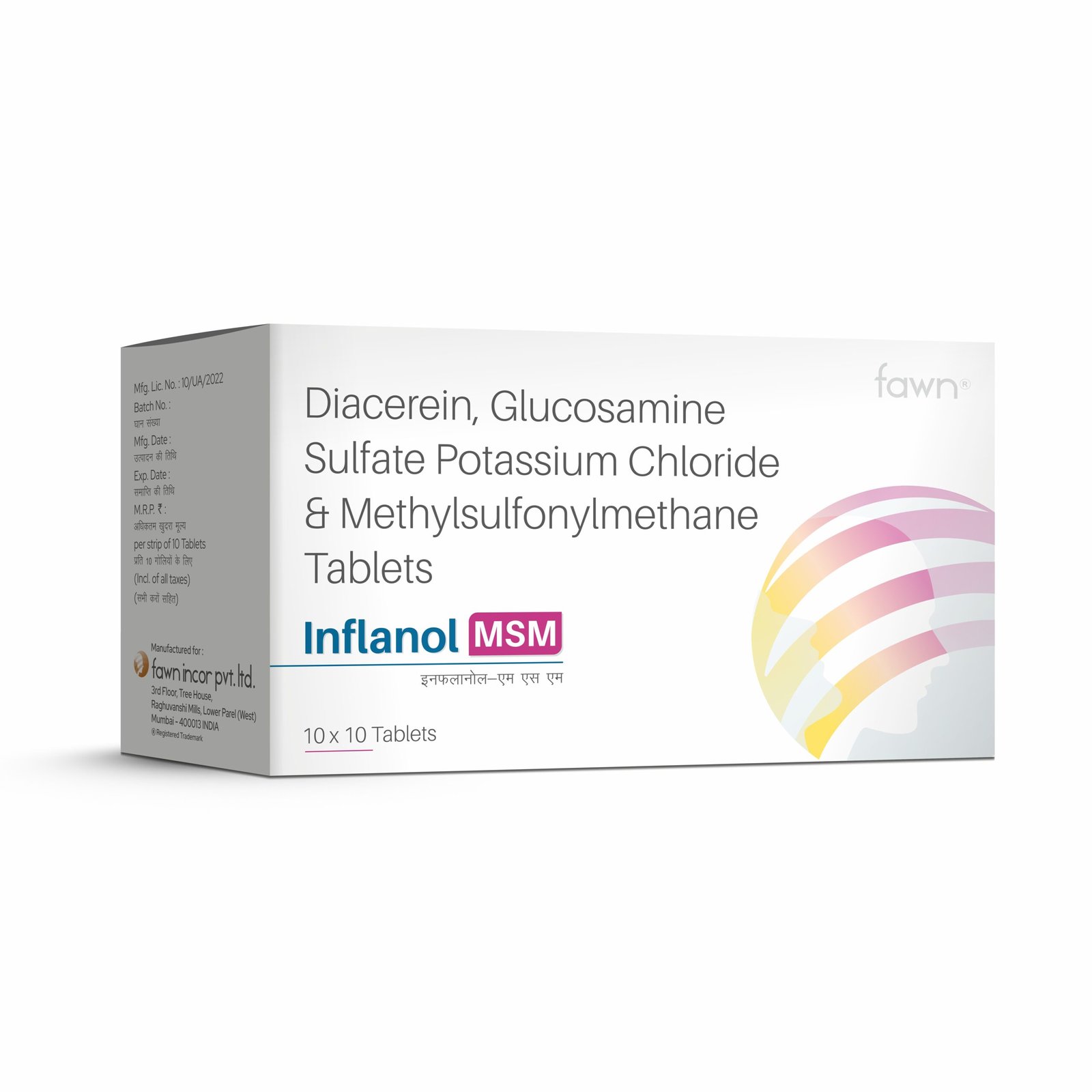 Diacerein, Glucosamine Sulphate Potassium Chloride & Methylsulfonylmethane Tablets - INFLANOL MSM - Fawn Incor