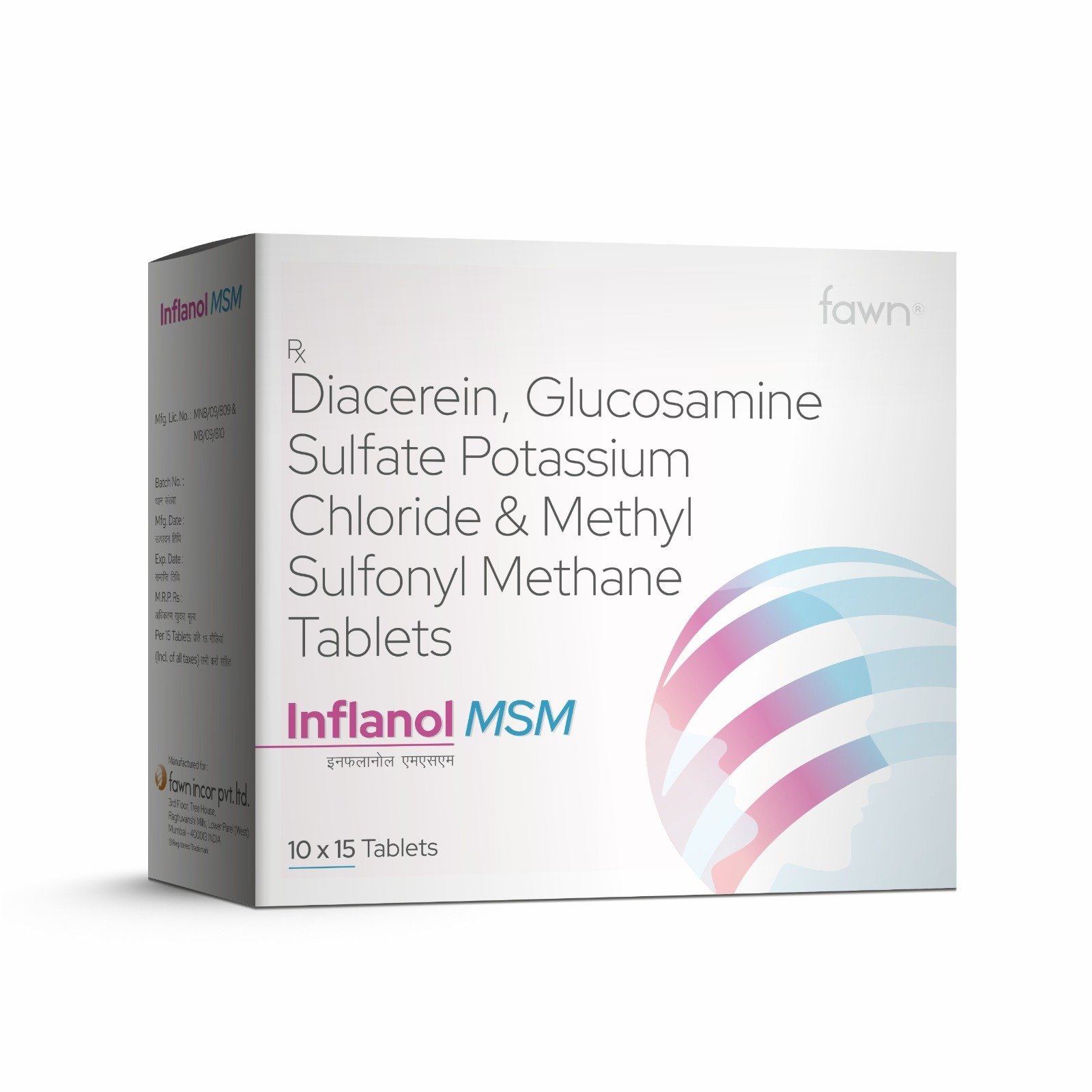 Diacerein, Glucosamine Sulphate Potassium Chloride & Methylsulfonylmethane Tablets - INFLANOL MSM - Fawn Incor