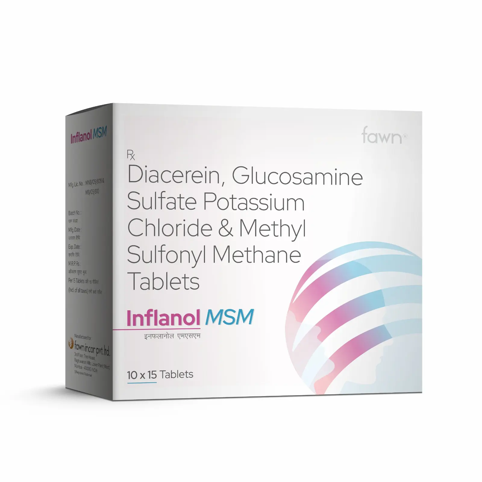 Diacerein, Glucosamine Sulphate Potassium Chloride & Methylsulfonylmethane Tablets - INFLANOL MSM - Fawn Incor