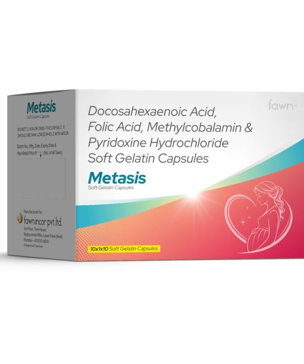 Docosahexaenoic Acid, Folic Acid, Methylcobalamin & Pyridoxine Hydrochloride Soft Gelatin Capsules - METASIS - Fawn Incor