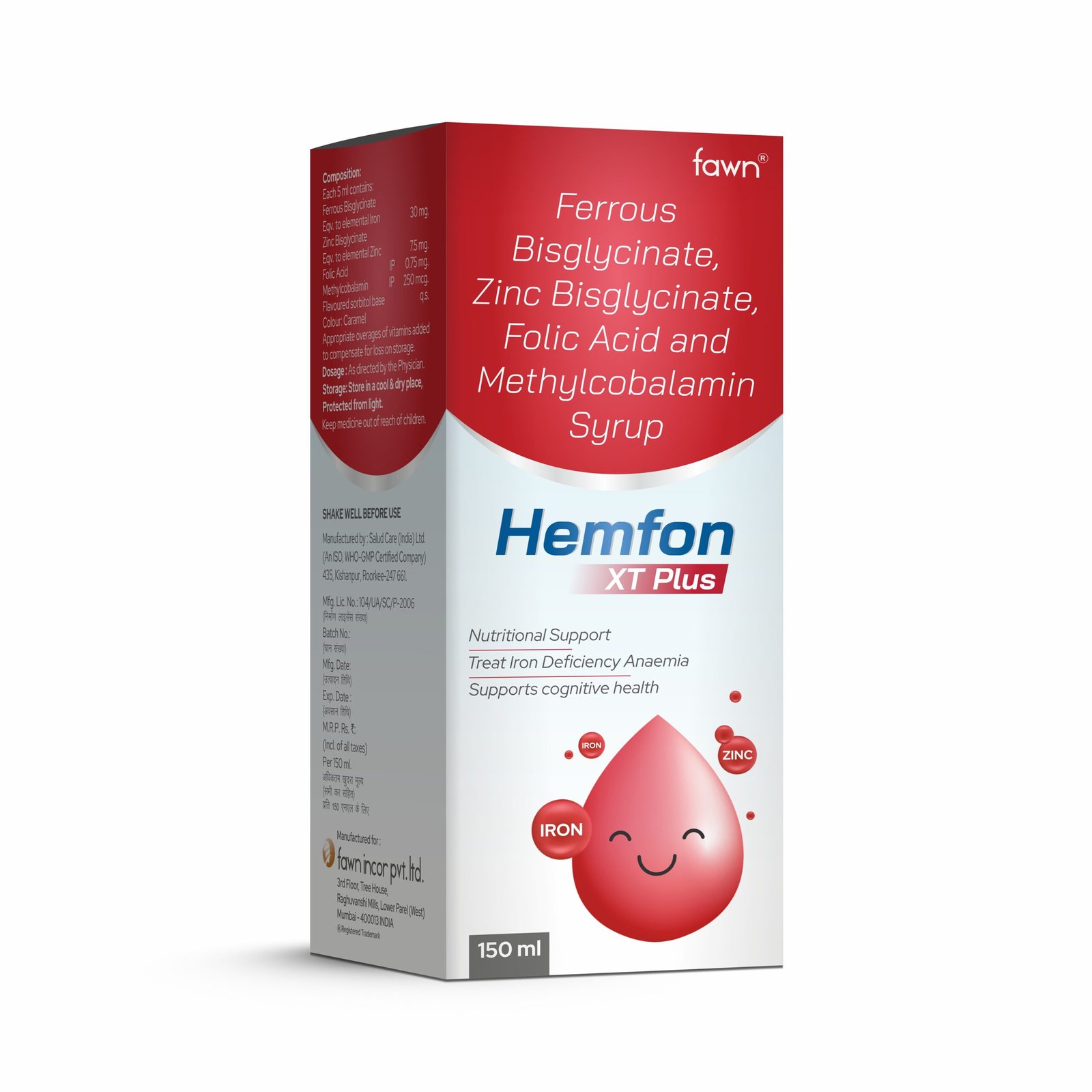 Ferrous Bisglycinate, Zinc Bisglycinate, Folic Acid & Methylcobalamin Syrup -HEMFON XT PLUS - Fawn Incor