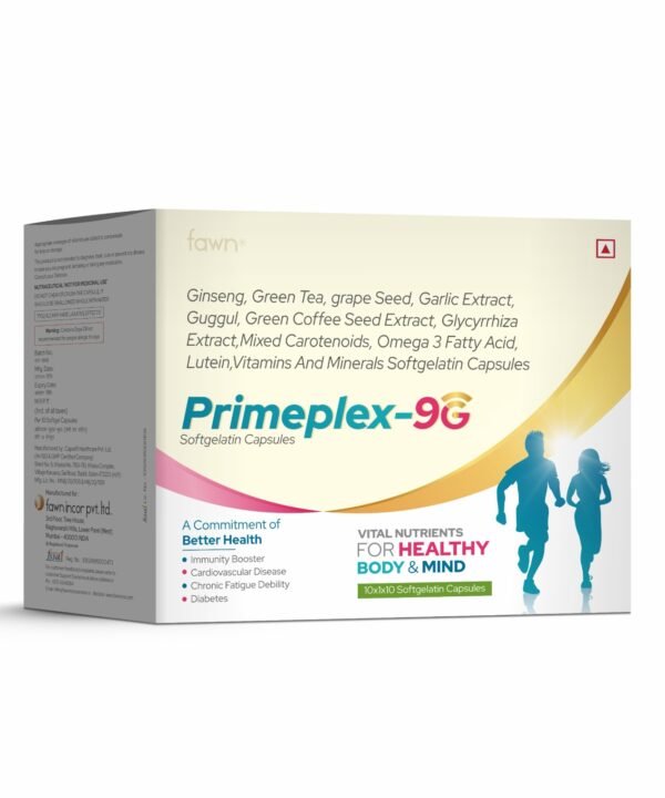 Ginseng Green Tea, Grape Seed, Garlic Extract, Guggul, Green Coffee Seed, Glycyrrhiza, Carotenoids, Omega 3, Lutein, Vitamin A7 & Minerals Soft Gelatin Capsules - PRIMEPLEX 9G Softgel - Fawn Incor