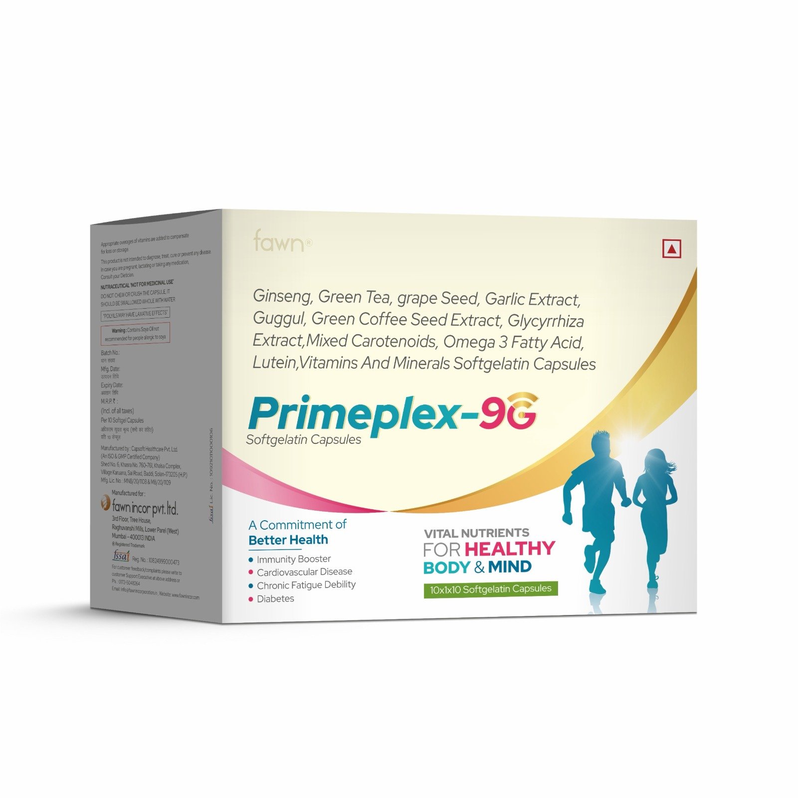Ginseng Green Tea, Grape Seed, Garlic Extract, Guggul, Green Coffee Seed, Glycyrrhiza, Carotenoids, Omega 3, Lutein, Vitamin A7 & Minerals Soft Gelatin Capsules - PRIMEPLEX 9G Softgel - Fawn Incor