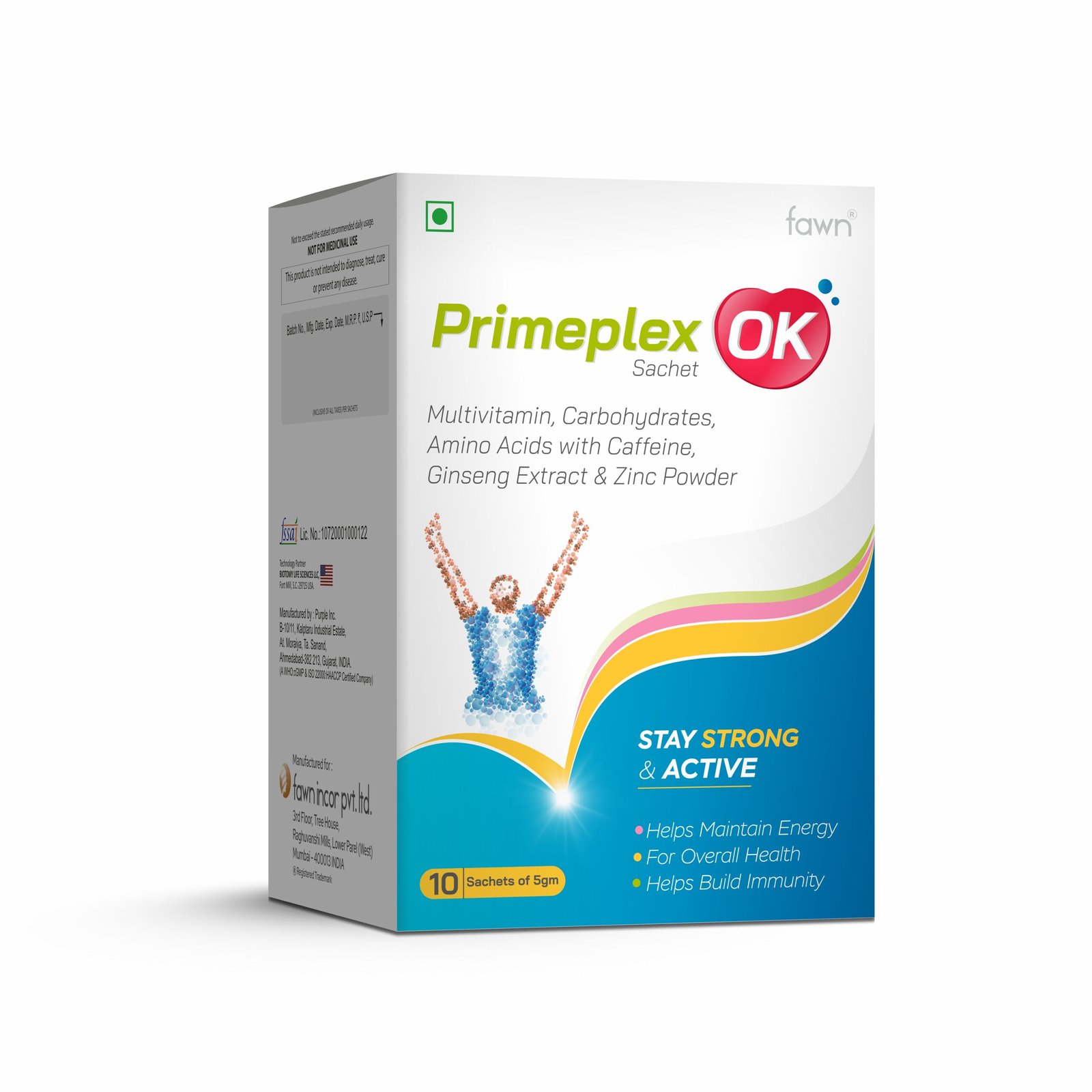 Multivitamin + Carbohydrates + Amino Acid With Caffeine + Ginseng Extract & Zinc Powder - PRIMEPLEX OK Sachets - Fawn Incor