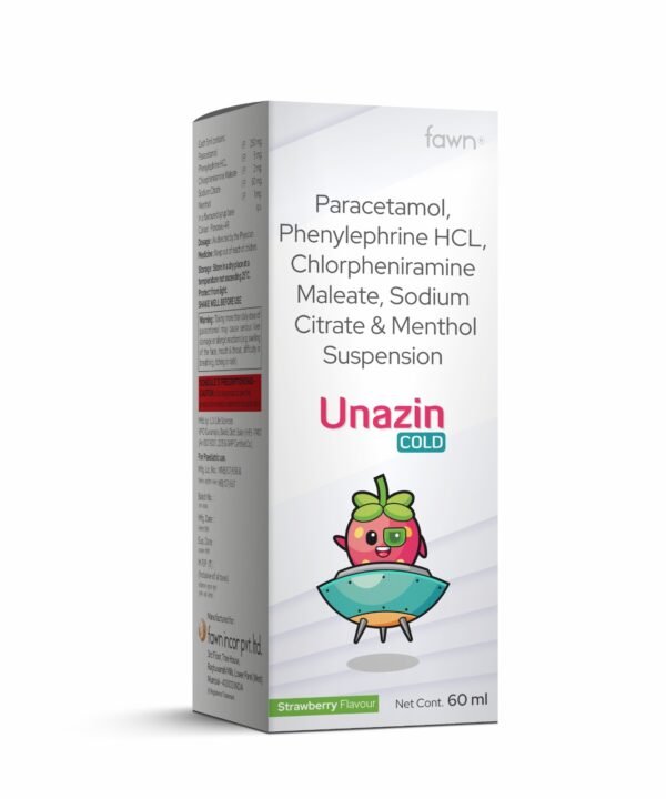 Paracetamol, Phenylephrine Hydrochloride, Chlorpheniramine Maleate, Sodium Citrate & Menthol Suspension - UNAZIN COLD - Fawn Incor