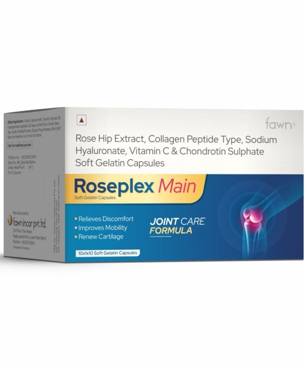 Rosehip Extract, Collagen Peptide, Sodium Hyaluronate, Vitamin C & Chondroitin Sulphate Softgel Capsules - ROSEPLEX MAIN - Fawn Incor