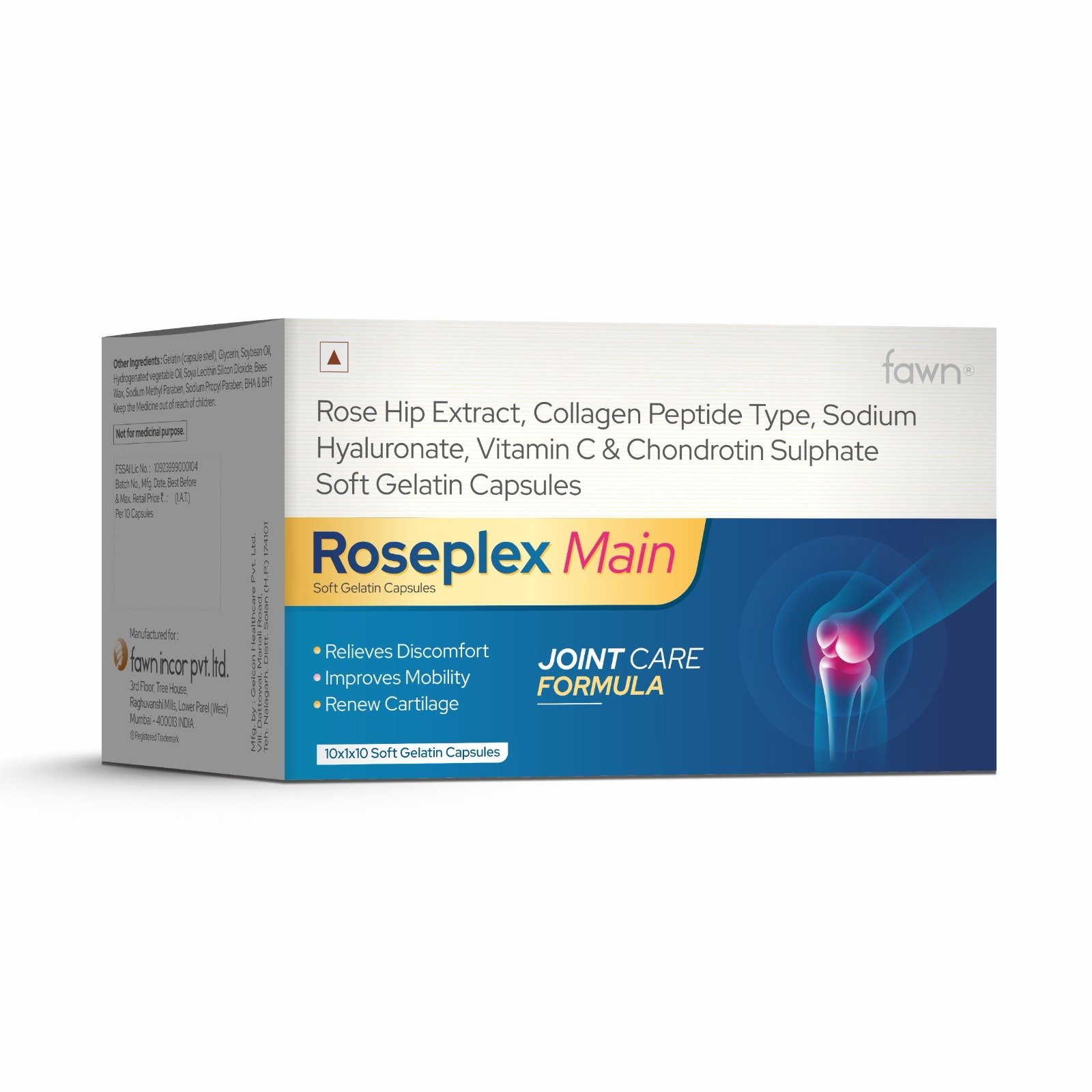 Rosehip Extract, Collagen Peptide, Sodium Hyaluronate, Vitamin C & Chondroitin Sulphate Softgel Capsules - ROSEPLEX MAIN - Fawn Incor