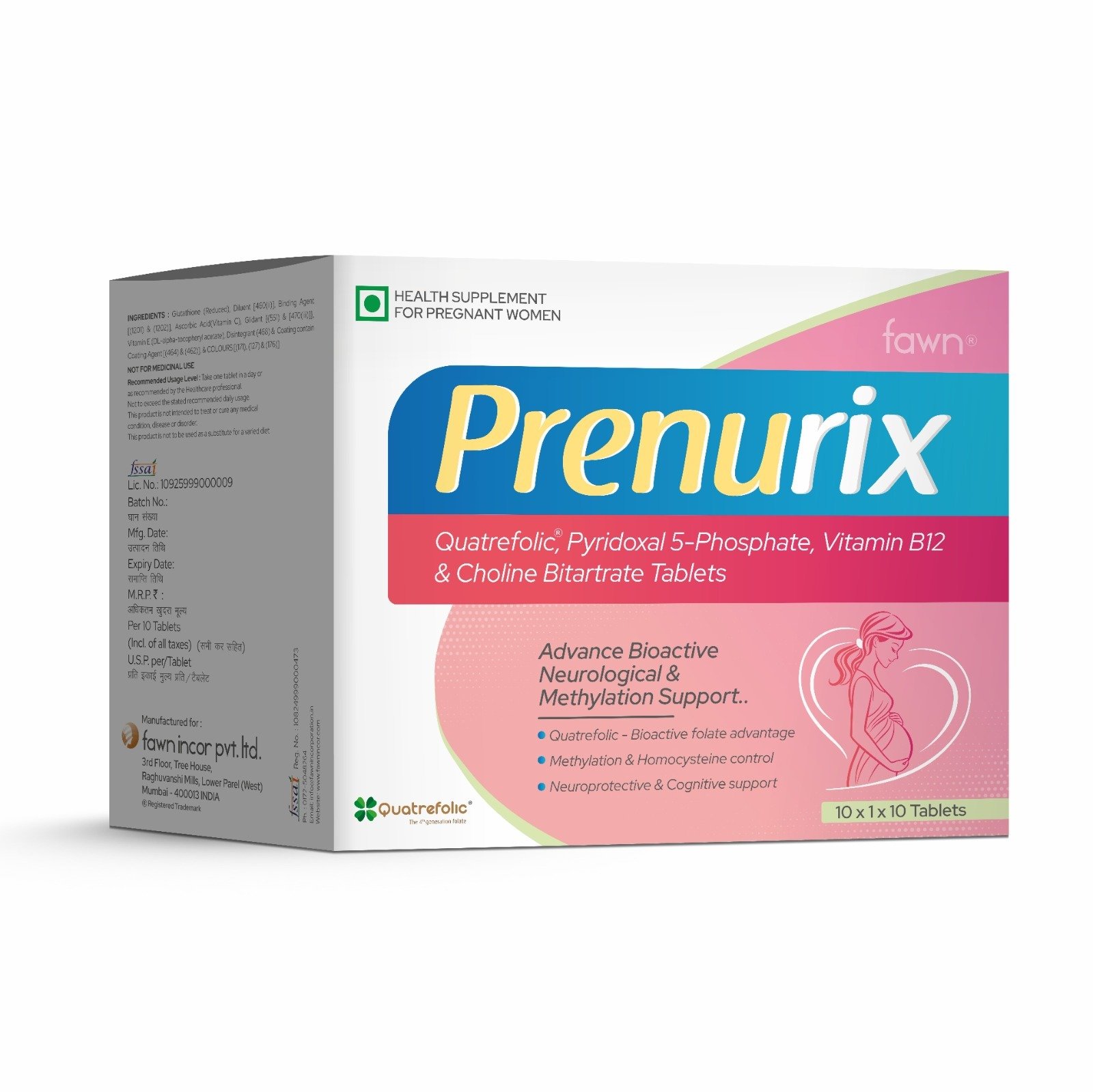 Quatrefolic Pyridoxal 5 Phosphate Vitamin B12 & Choline Bitartrate Tablets - PRENURIX Tablet - Fawn Incor