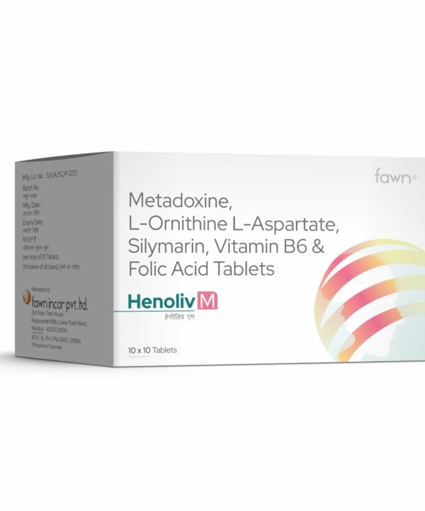 Metadoxine L-Ornithine L-Aspartate, Silymarin, Vitamin B6 & Folic Acid Tablets - HENOLIV M Tablets - Fawn Incor
