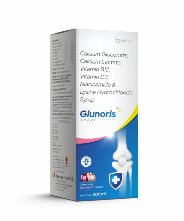 Calcium Gluconate, Calcium Lactate, Vitamin B12, Vitamin D3, Niacinamide & Lysine Hydrochloride Syrup - GLUNORIS Syrup - Fawn Incor