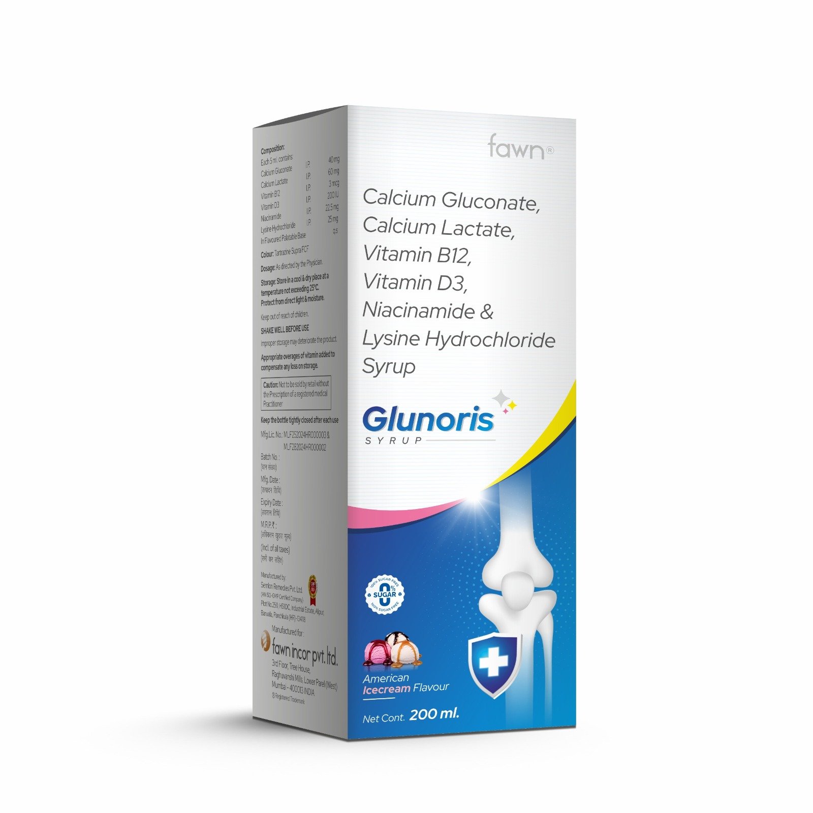 Calcium Gluconate, Calcium Lactate, Vitamin B12, Vitamin D3, Niacinamide & Lysine Hydrochloride Syrup - GLUNORIS Syrup