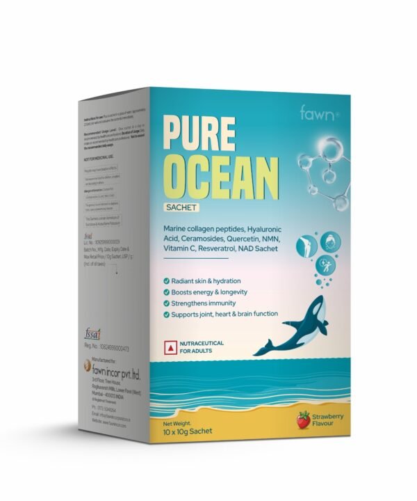 Marine Collagen Peptides, Hyaluronic Acid, Ceramosides, Quercetin, NMN, Vitamin C, Resveratrol & NAD Sachets - PURE OCEAN Sachet - Fawn Incor
