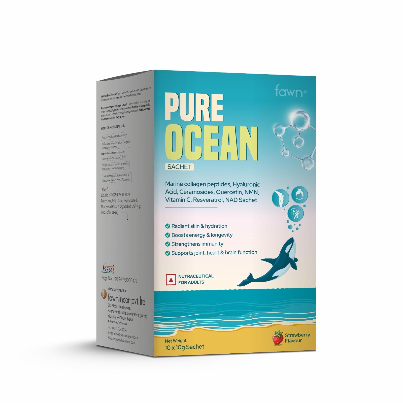 Marine Collagen Peptides, Hyaluronic Acid, Ceramosides, Quercetin, NMN, Vitamin C, Resveratrol & NAD Sachets - PURE OCEAN Sachet