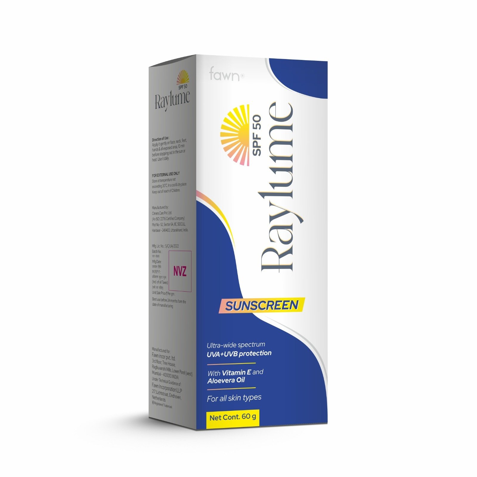 Sunscreen SPF 50+ with ultra wide spectrum UVA + UVB - RAYLUME Sunscreen SPF 50 Cream