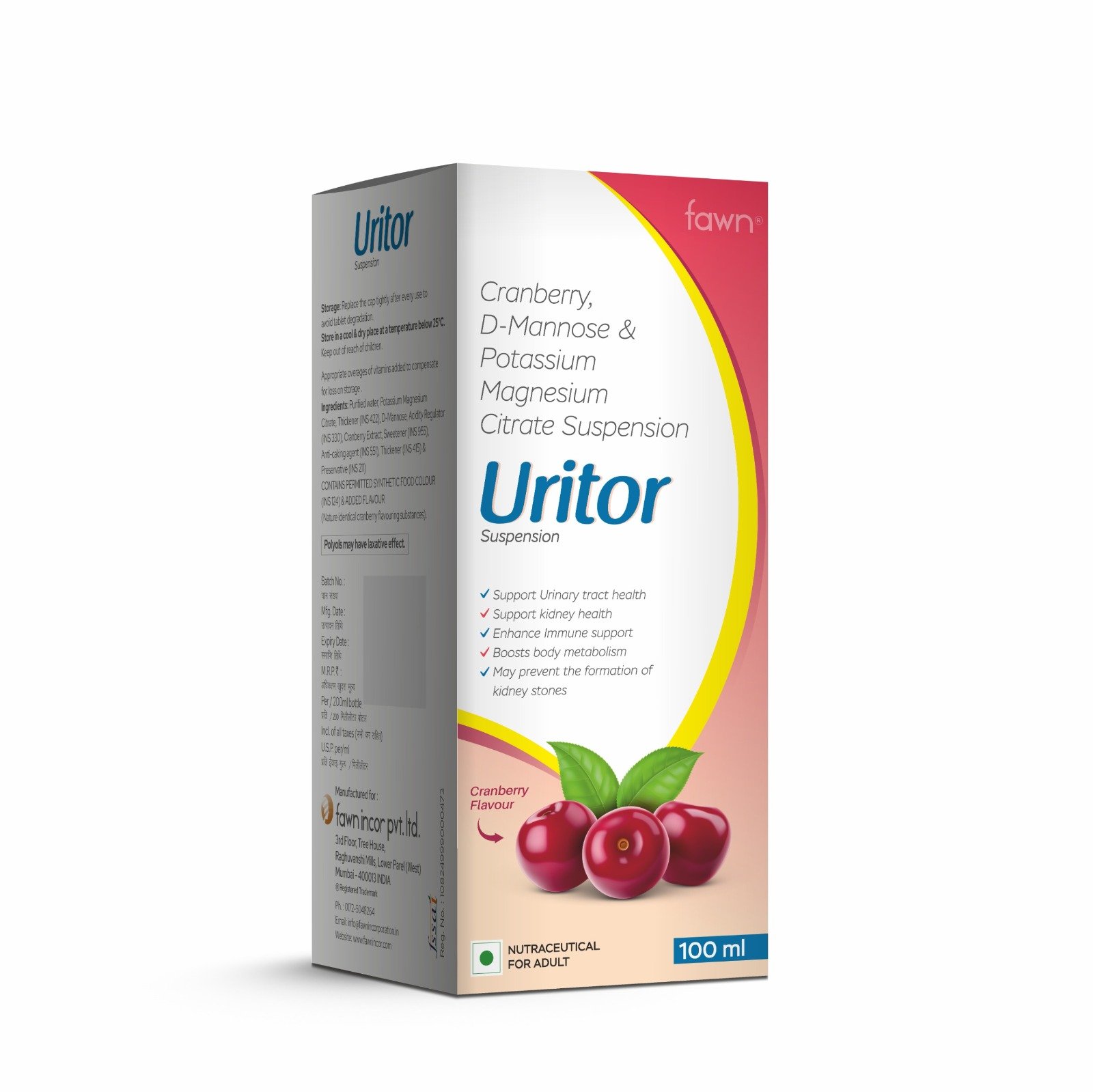 Cranberry D-Mannose & Potassium Magnesium Citrate Suspension - URITOR Suspension - Fawn Incor