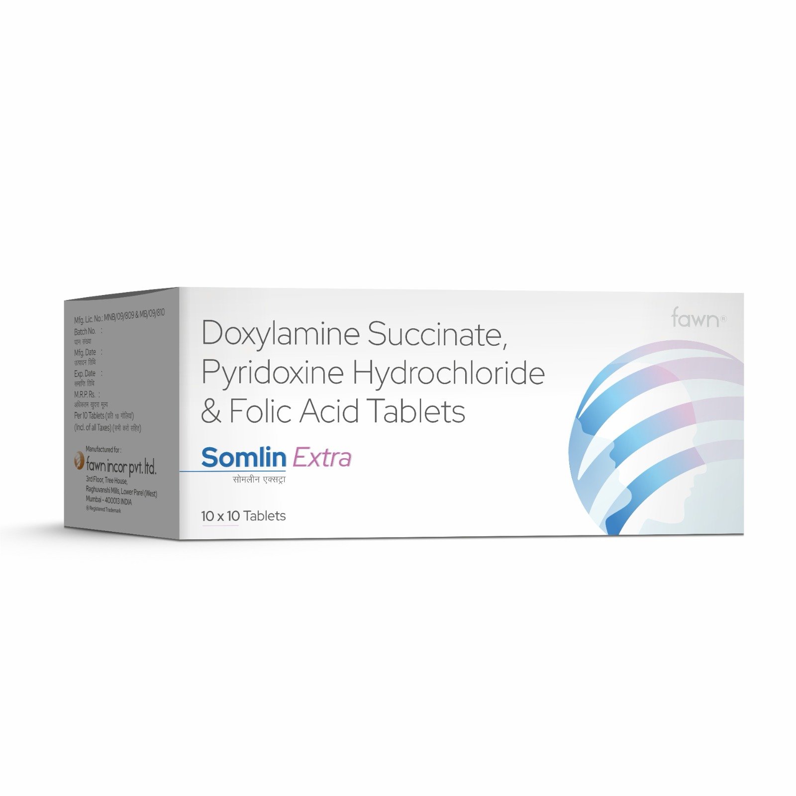 Doxylamine Succinate, Pyridoxine Hydrochloride & Folic Acid Tablets - SOMLIN EXTRA - Fawn Incor