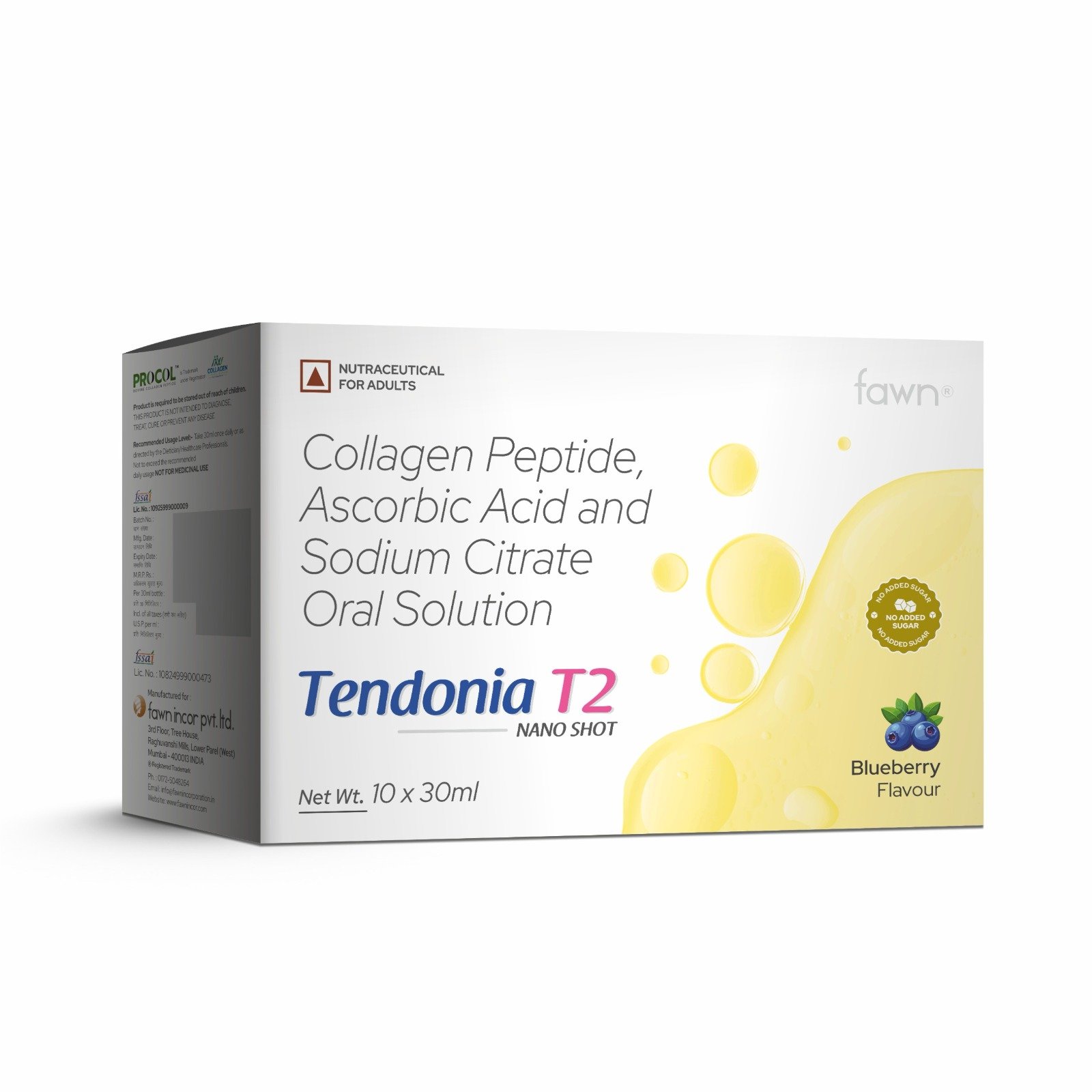 Collagen Peptide, Ascorbic Acid & Sodium Citrate Oral Solution - TENDONIA T2 Shots - Fawn Incor