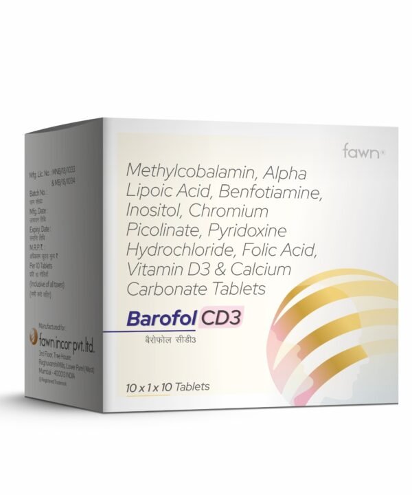 Methylcobalamin, alpha lipoic acid, benfotiamine, inositol, chromium picolinate, pyridoxine hydrochloride, folic acid, vitamins D3 & calcium carbonate Tablets - BAROFOL CD 3 Tablets - Fawn Incor