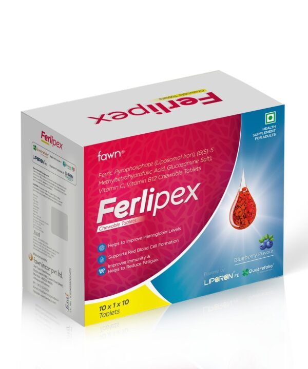 Ferric Pyrophosphate (Liposomal Iron), Methyltetrahydrofolic Acid (Glucosamine Salt) & Vitamin B12 chewable Tablets - FERLIPEX Chewable Tablets- Fawn Incor