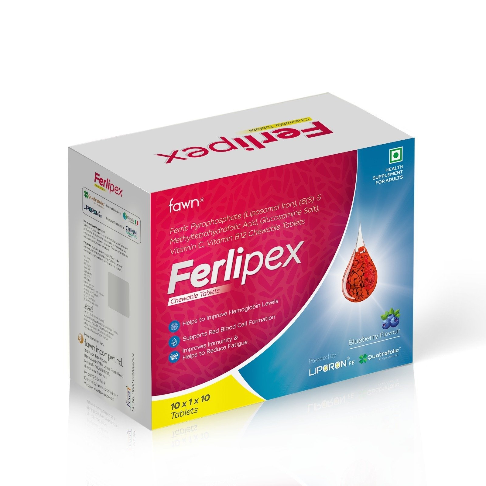 Ferric Pyrophosphate (Liposomal Iron), Methyltetrahydrofolic Acid (Glucosamine Salt) & Vitamin B12 chewable Tablets - FERLIPEX Chewable Tablets- Fawn Incor