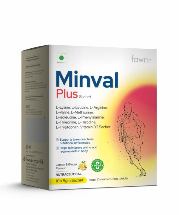 L-Lysine + L-Leucine + L-Arginine + L-Valine + L-Methionine + L-Isoleucine + L-Phenylalanine + L-Threonine + L-Histidine + L-Tryptophan & Vitamin D3 Sachet -MINVAL PLUS Sachet- Fawn Incor
