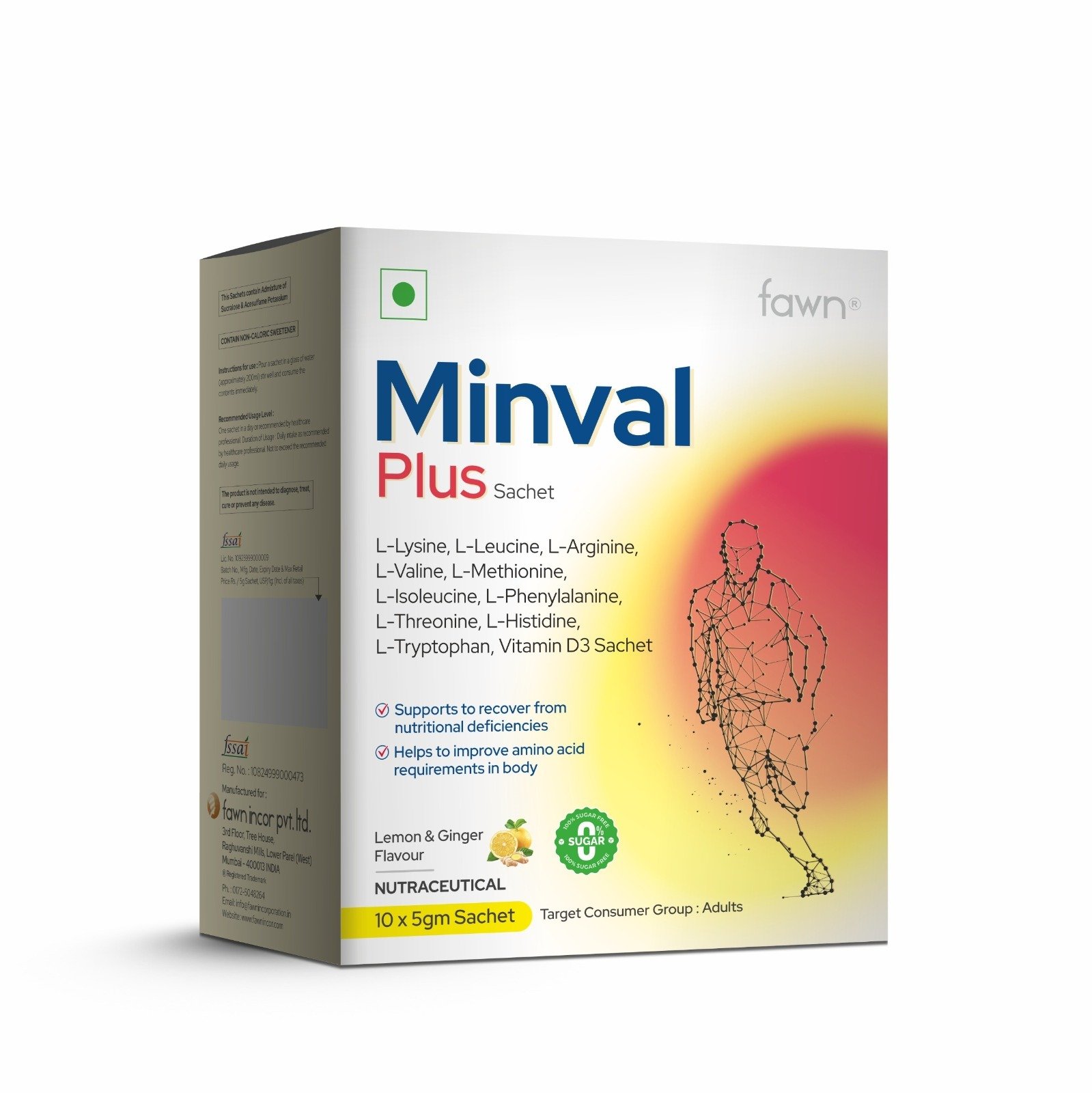L-Lysine + L-Leucine + L-Arginine + L-Valine + L-Methionine + L-Isoleucine + L-Phenylalanine + L-Threonine + L-Histidine + L-Tryptophan & Vitamin D3 Sachet -MINVAL PLUS Sachet- Fawn Incor