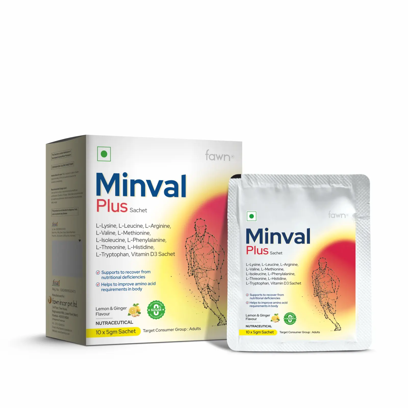 L-Lysine + L-Leucine + L-Arginine + L-Valine + L-Methionine + L-Isoleucine + L-Phenylalanine + L-Threonine + L-Histidine + L-Tryptophan & Vitamin D3 Sachet -MINVAL PLUS Sachet